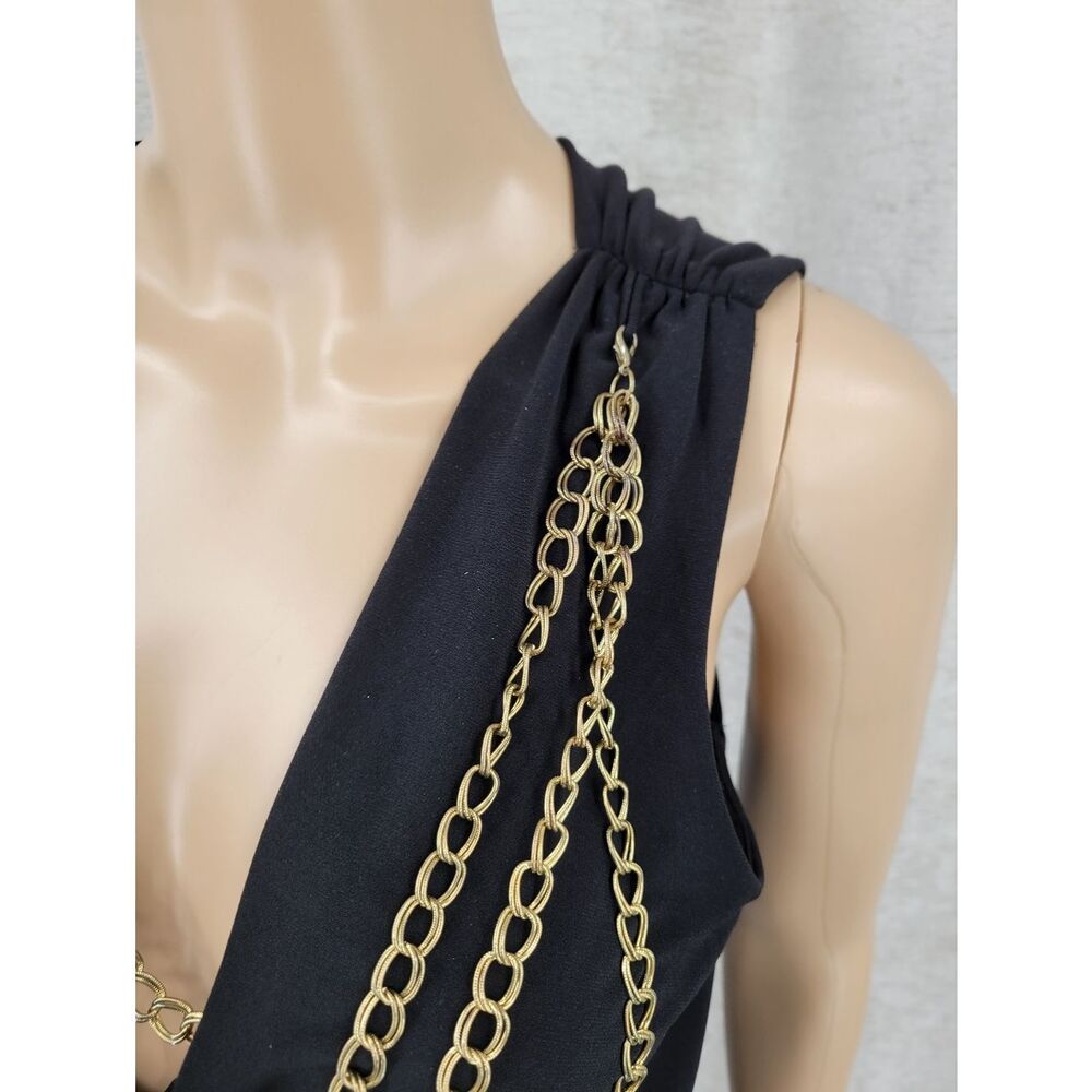 Cache Y2K Black Draped Chain Detail Cowl Neck Ruched Tank Top - Picture 3 of 9